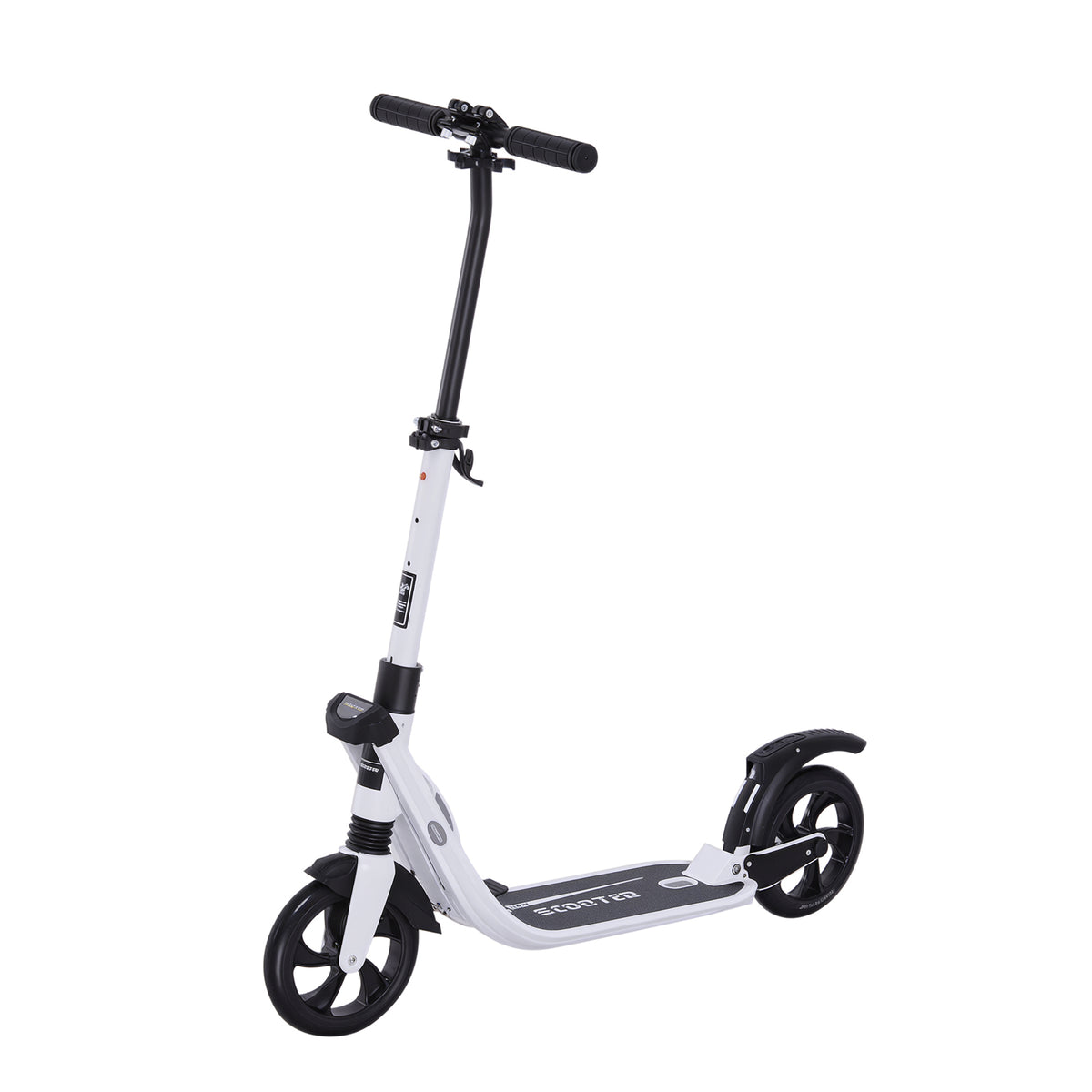 HOMCOM white folding kick scooter with black handlebars, two large wheels, and rear brake