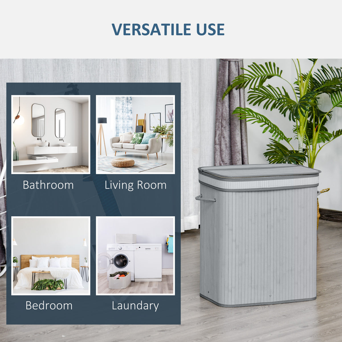 Grey bamboo hamper with a fitted lid for laundry or household storage