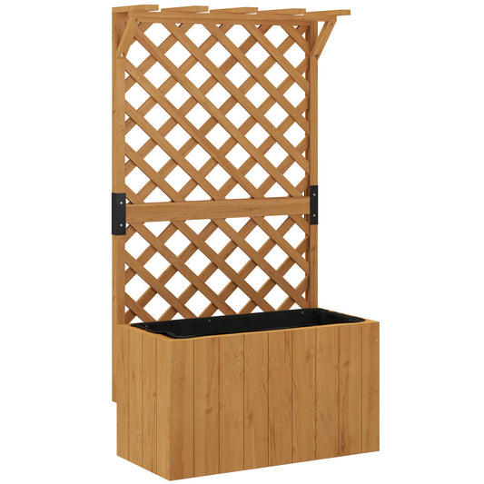 Photo of Outsunny Wooden Planter with Trellis, Freestanding Raised Garden Bed with Drainage Holes, Outdoor Planter Box with Liner for Vegetables, Herbs and Flowers, Natural in Natural colour on a white background