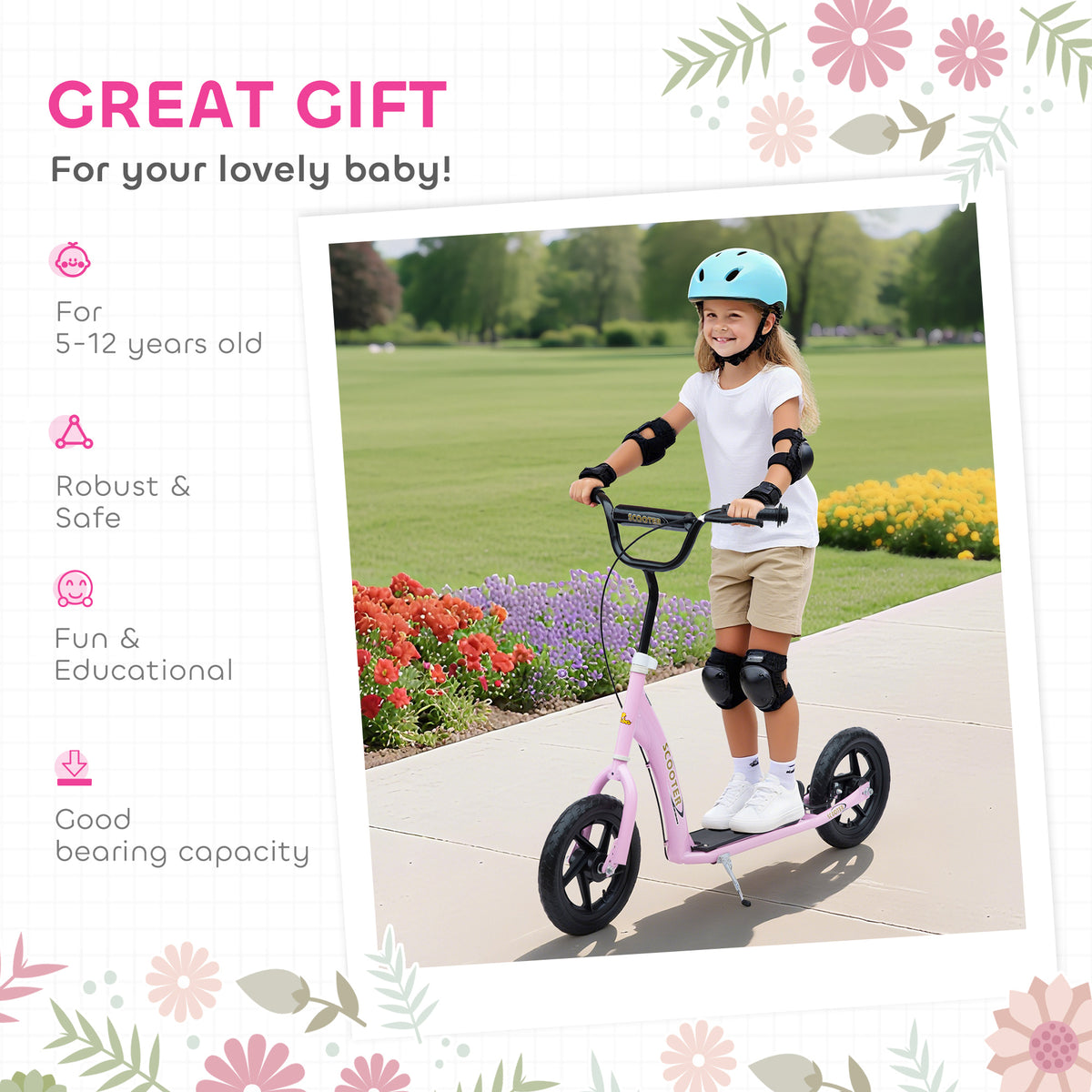 Pink kids kick scooter with large black wheels, shown with a child wearing safety gear.