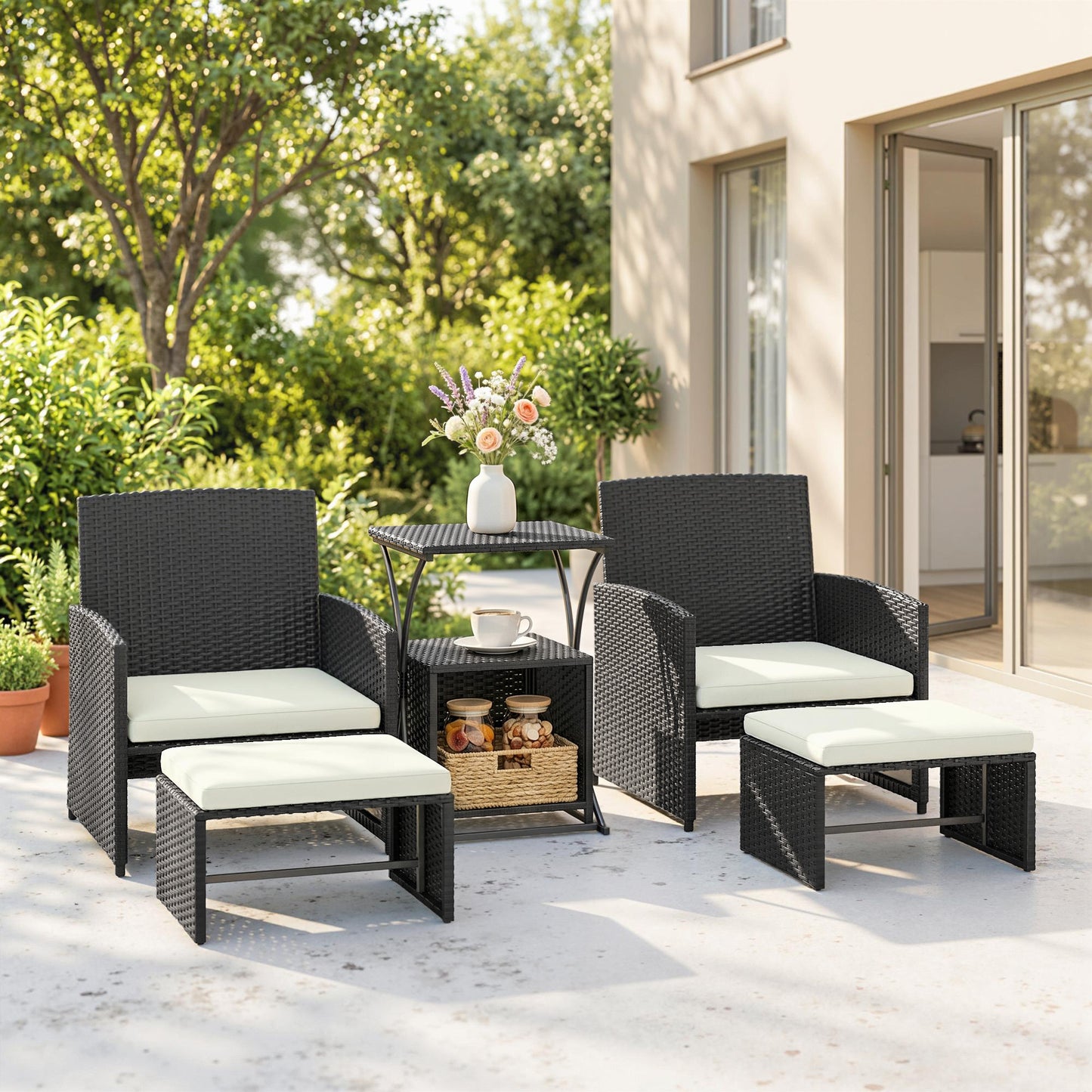 Outsunny 6 Piece Rattan Garden Furniture, Space-Saving Patio Furniture Set with Nesting Tables, Chairs, Stools, Cushions, Black