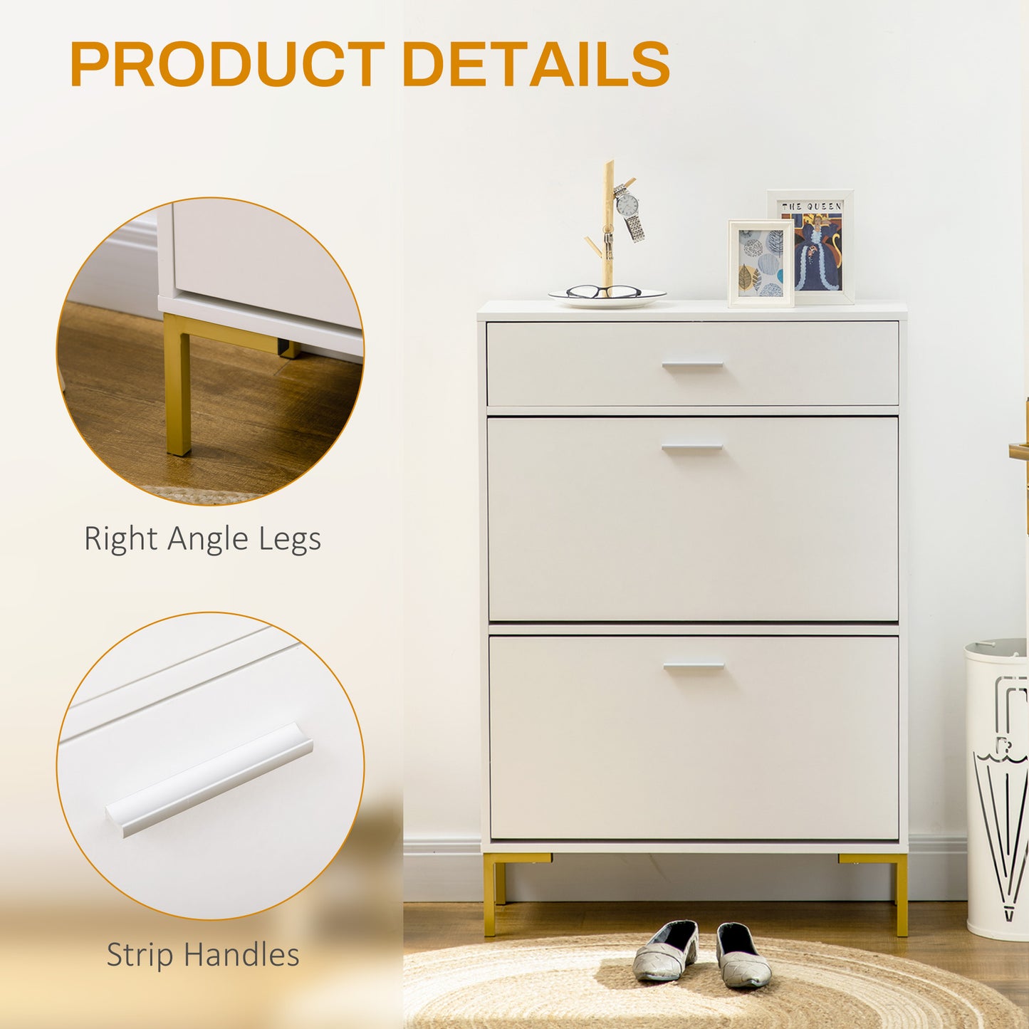 HOMCOM Three Drawer Slim Shoe Storage Cabinet, 12 Shoe Pairs - White