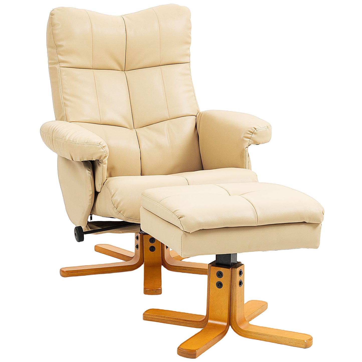 Photo of HOMCOM PU Leather Swivel Recliner Chair with Footstool, Wooden Base and Storage for Living Room, Beige in Beige colour on a white background