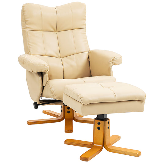 Photo of HOMCOM PU Leather Swivel Recliner Chair with Footstool, Wooden Base and Storage for Living Room, Beige in Beige colour on a white background
