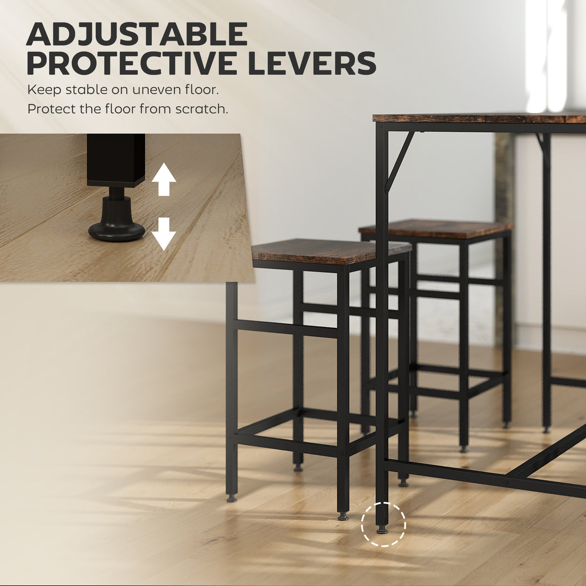 HOMCOM breakfast bar table and stools with adjustable protective feet on black metal legs