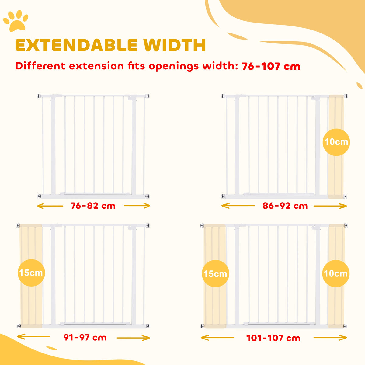 PawHut white pet gate shown with width extensions for openings from 76 to 107 cm