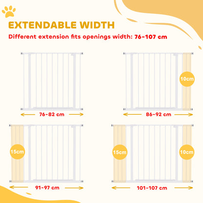 PawHut white pet gate shown with width extensions for openings from 76 to 107 cm