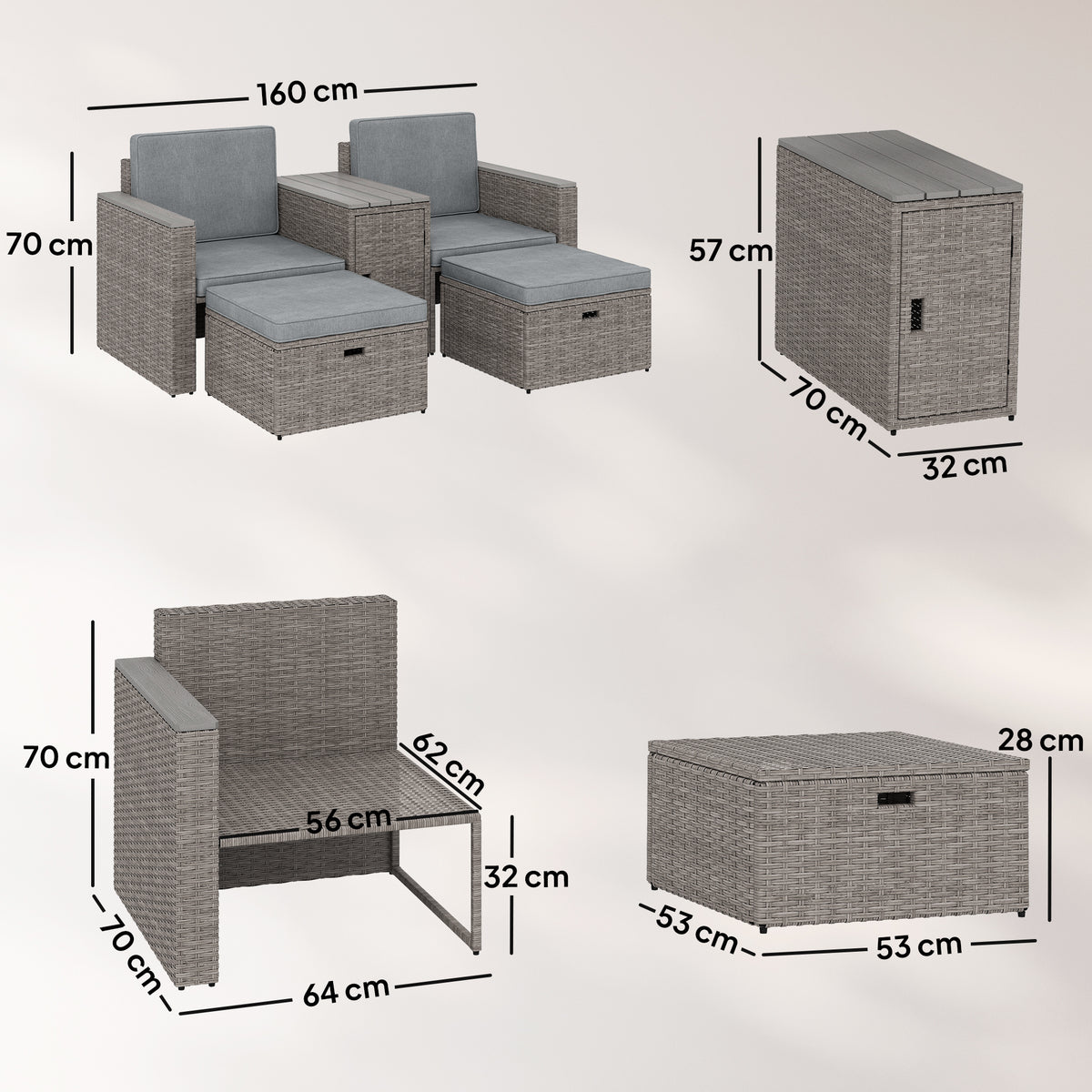 Outsunny 5 Piece Rattan Garden Furniture Set with Storage Table, Footstools, Cushions, Dark Grey