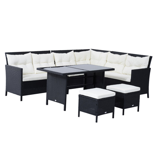 Photo of Outsunny 8-Seater Garden Rattan Furniture Rattan Corner Dining Sofa Set Wicker Conservatory Furniture Lawn Patio Coffee Table Foot Stool w/Cushion-Black in w/Cushion-Black colour on a white background