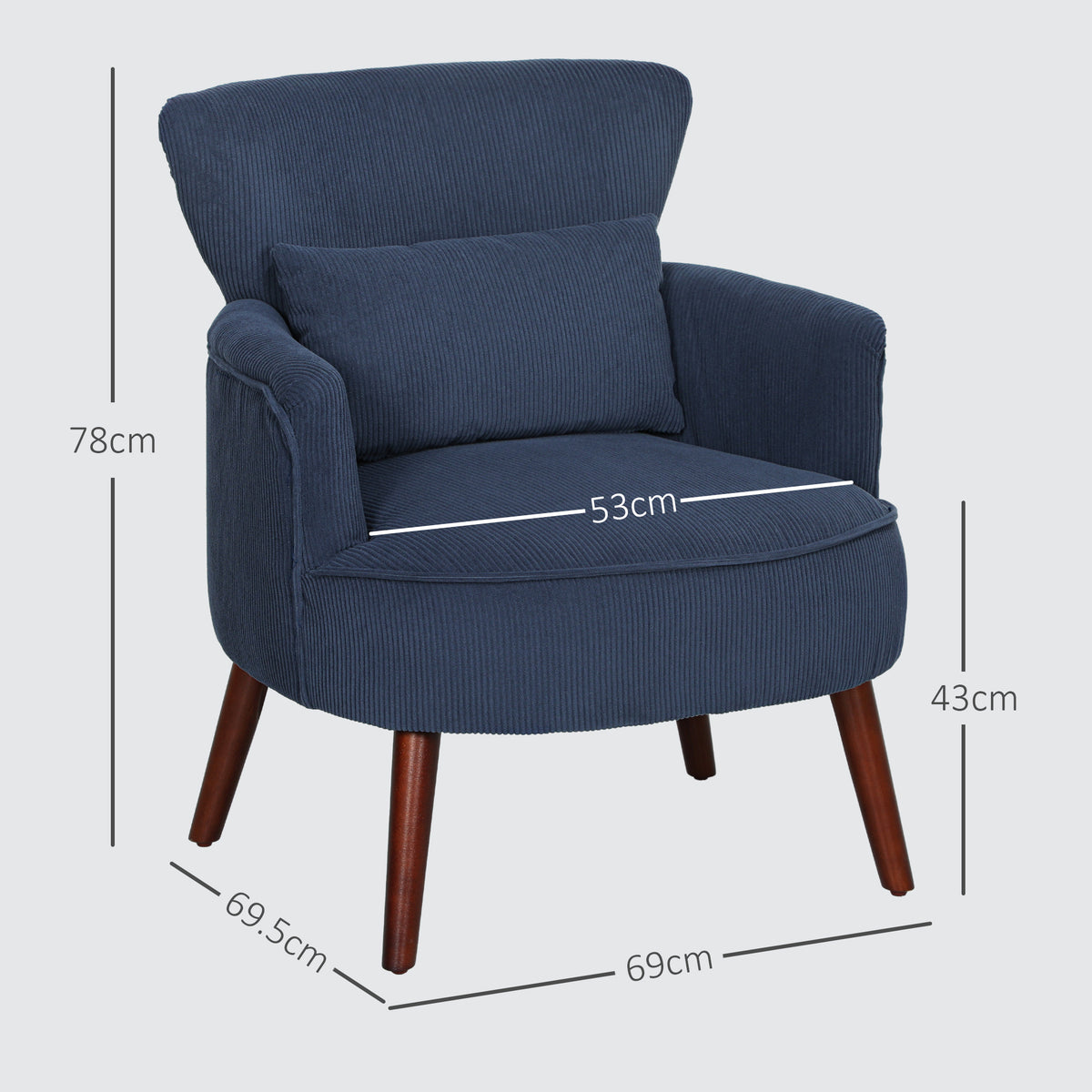 Blue corduroy accent chair with dimensions marked: 78 cm high and 69 cm wide