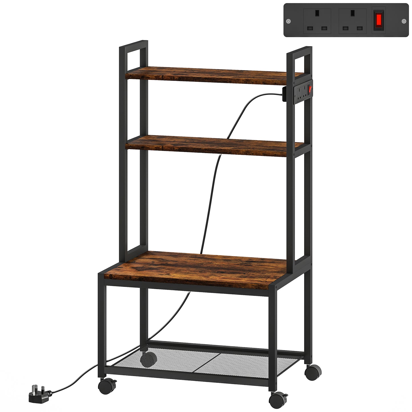 Photo of HOMCOM 4-Tier Printer Stand with Power Outlets and Wheels - Rustic Brown in Brown colour on a white background