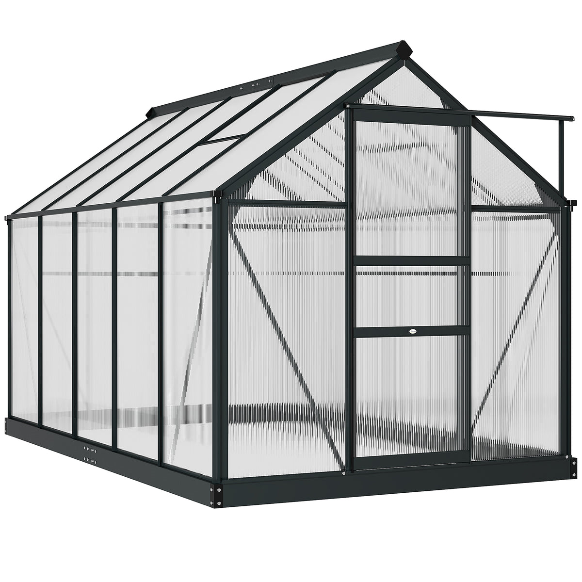 Outsunny walk-in greenhouse with dark aluminum frame, translucent panels, peaked roof and sliding door