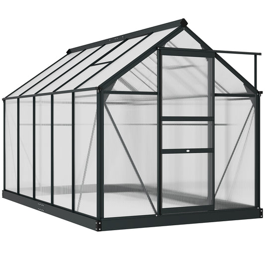 Outsunny walk-in greenhouse with dark aluminum frame, translucent panels, peaked roof and sliding door
