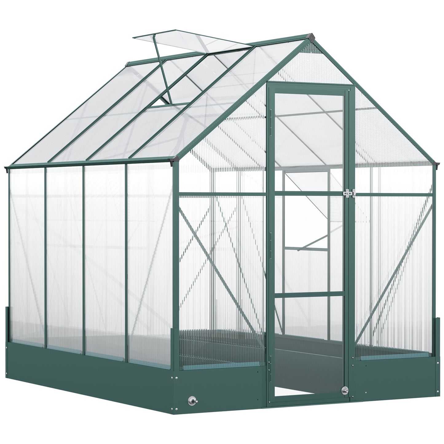 Photo of Outsunny 6x8 FT Polycarbonate Greenhouse with Base and Raised Bed, Walk-in Greenhouse with Aluminium Frame, Temperature Controlled Window, Foundation for Plants, Flowers, Vegetable in Vegetable colour on a white background