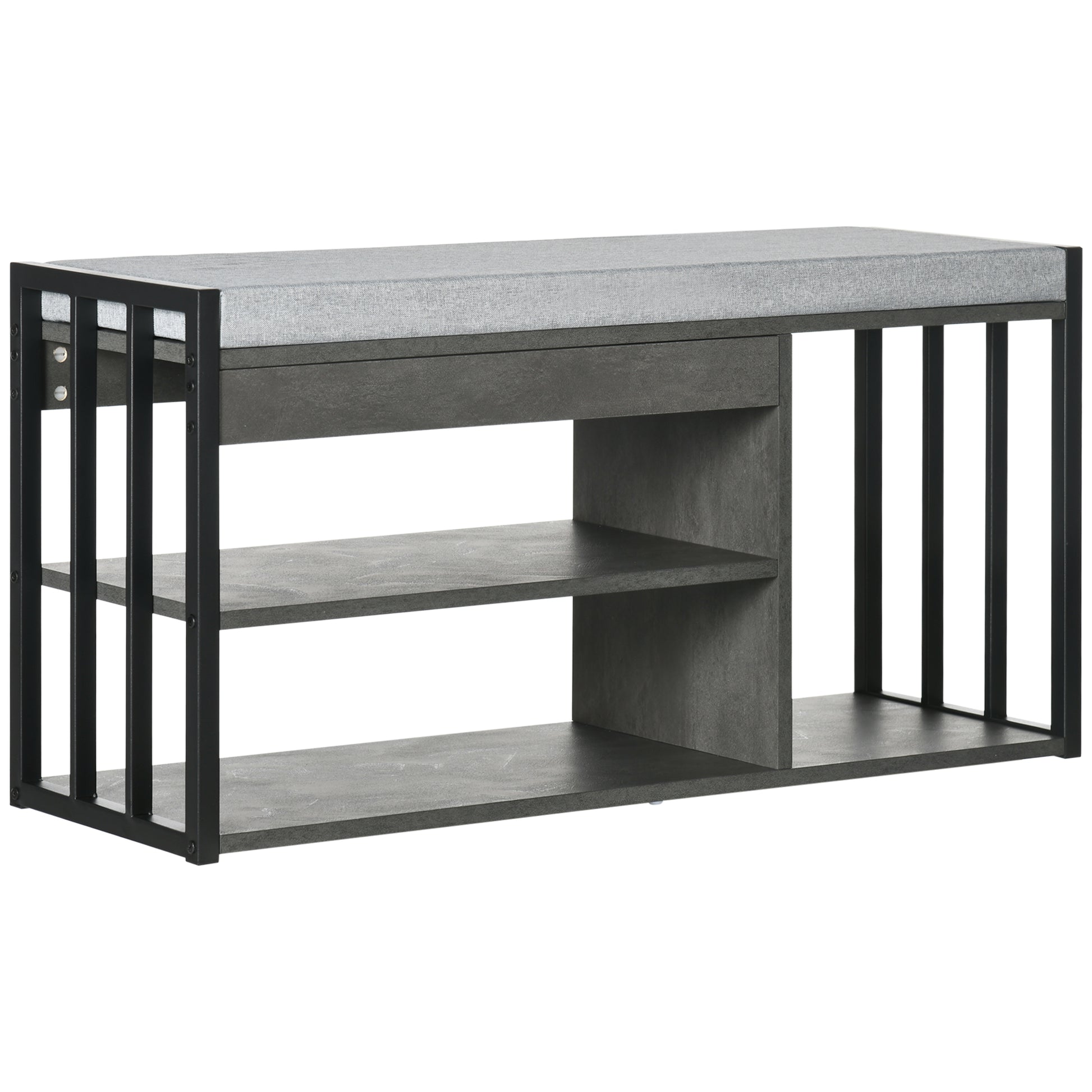 Photo of HOMCOM Shoe Storage with Seat, Upholstered Entryway Bench, Shoe Bench with 3 Open Shelves for Hallway, Grey in Grey colour on a white background