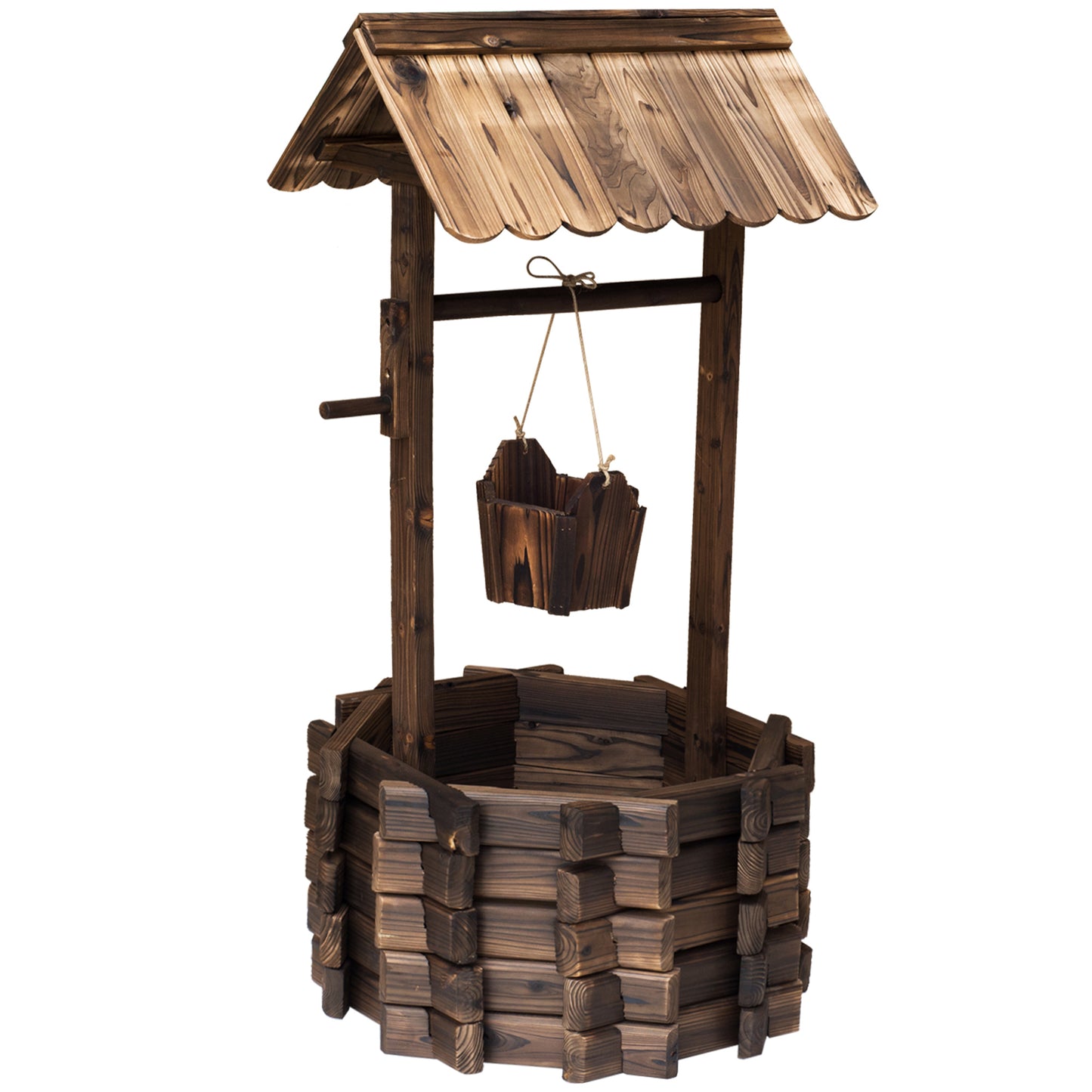 Photo of Outsunny Wooden Wishing Well Planter Outdoor Flower Pot Backyard Garden Decor w/ Bucket in Bucket colour on a white background