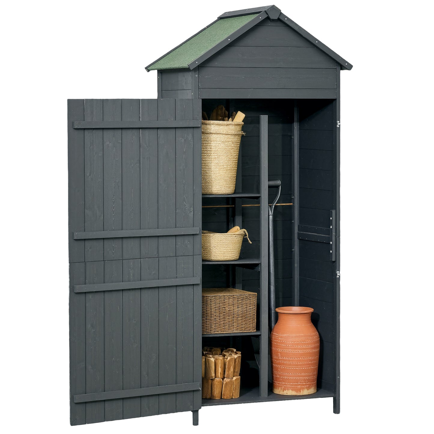 Photo of Outsunny Garden Shed 4-Tier Wooden Garden Outdoor Shed 3 Shelves Utility Gardener Cabinet Lockable 2 Doors - Grey in Grey colour on a white background