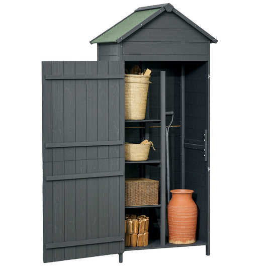 Photo of Outsunny Garden Shed 4-Tier Wooden Garden Outdoor Shed 3 Shelves Utility Gardener Cabinet Lockable 2 Doors - Grey in Grey colour on a white background