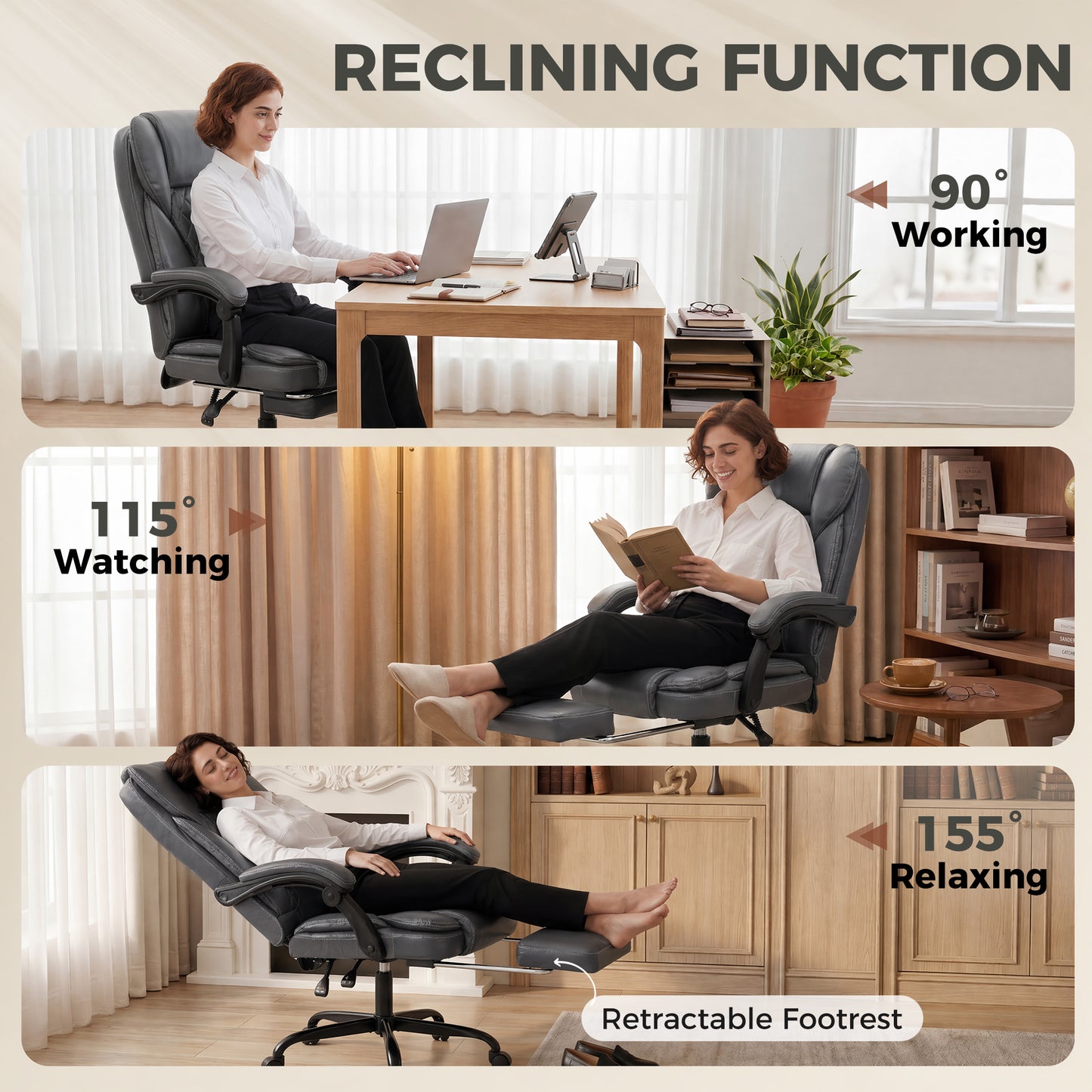 HOMCOM Executive Home Office Chair Reclining Function Footrest Computer Desk Chair High Back, Grey