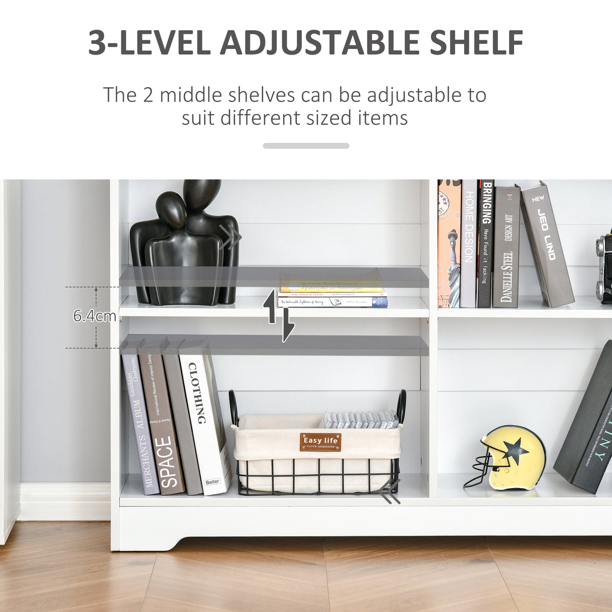 White bookcase with an adjustable middle shelf shown at different heights