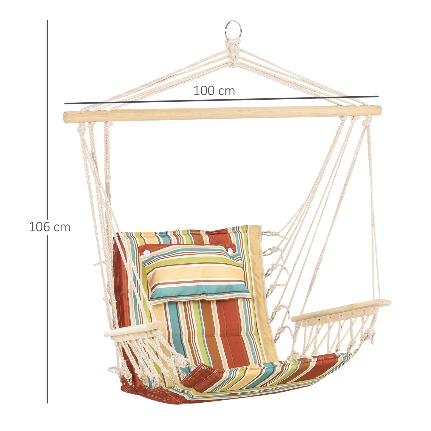 Outsunny Garden Outdoor Hanging Hammock Chair Thick Rope Frame Wooden Arms Safe Wide Seat Garden Outdoor Spot Stylish Multi-Color Stripe