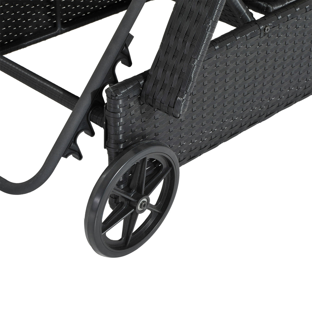 Outsunny sun lounger close-up of black woven frame, backrest adjustment notches and wheel