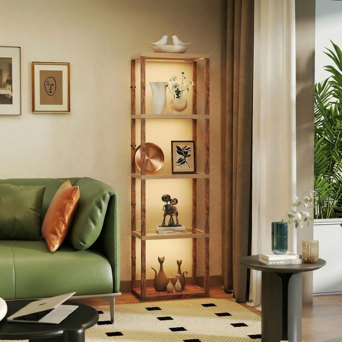 HOMCOM Four-Shelf Floor Lamp - Rustic Brown