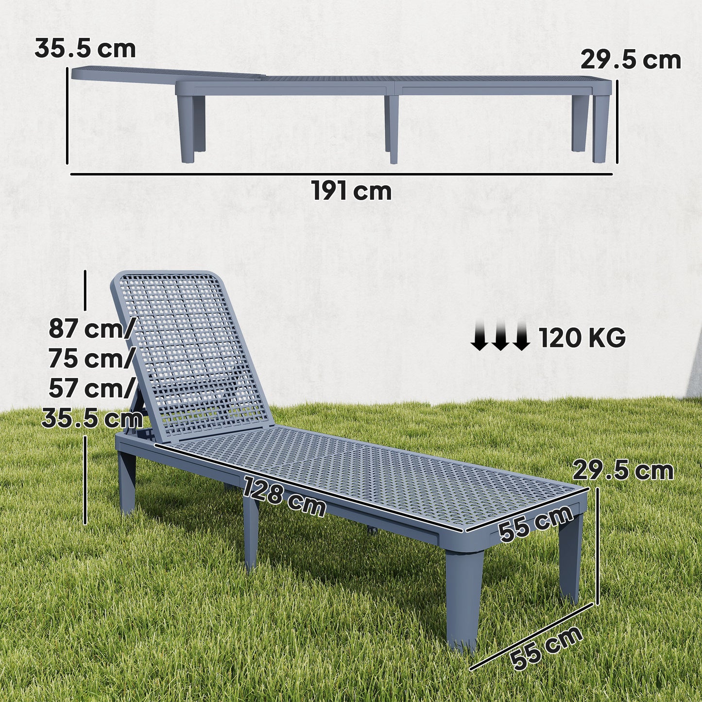 Outsunny Plastic Sun Lounger, 4-Position Adjustable Reclining Garden Lounger Sunbed for Patio, Beach, Terrace, Dark Grey