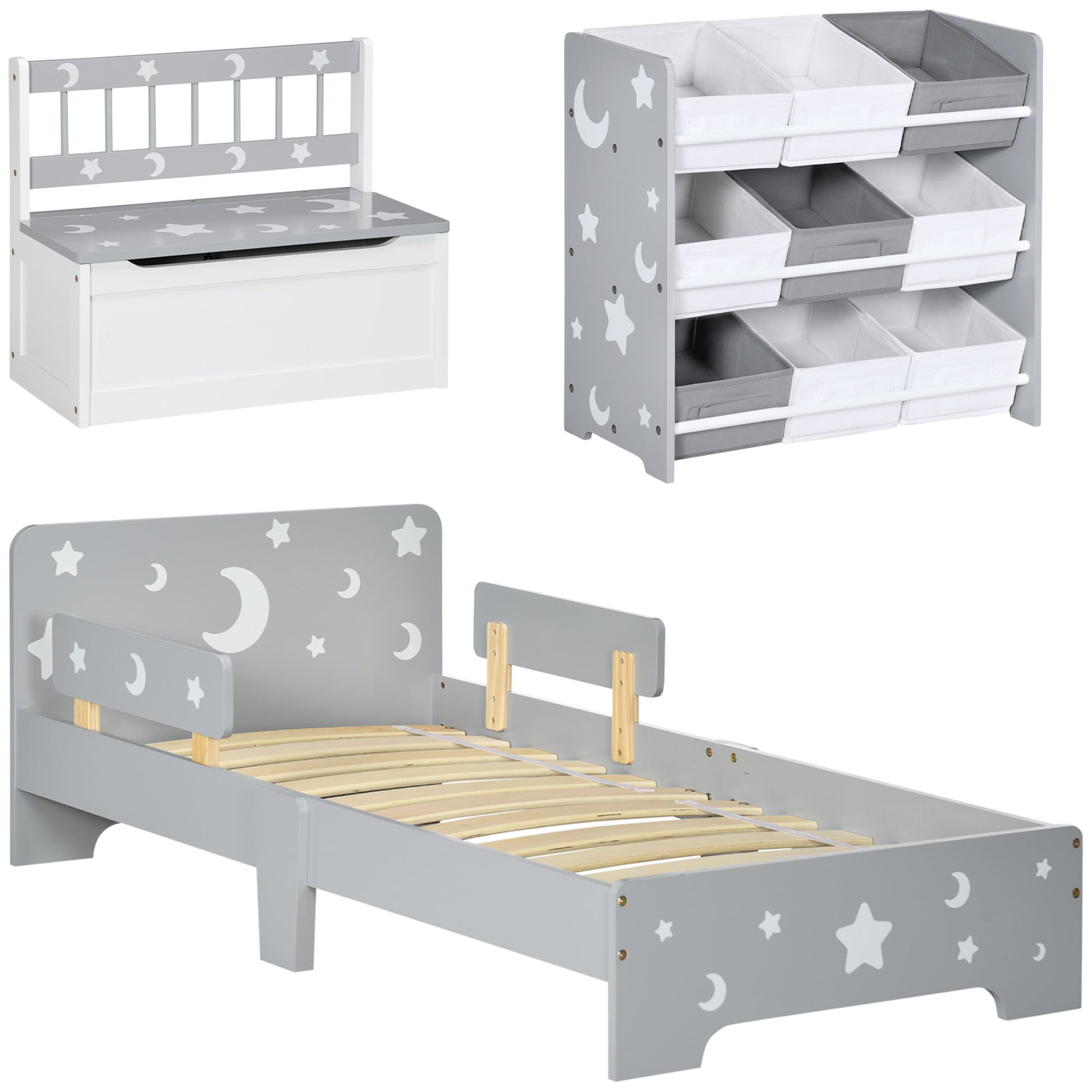 Photo of ZONEKIZ 3PCs Kids Furniture Bedroom Set with Bed, Toy Box Bench, Storage Unit with Baskets, Star and Moon Patterns, for 3-6 Years Old Boys Girls, Grey in Grey colour on a white background