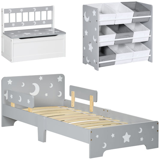 Photo of ZONEKIZ 3PCs Kids Furniture Bedroom Set with Bed, Toy Box Bench, Storage Unit with Baskets, Star and Moon Patterns, for 3-6 Years Old Boys Girls, Grey in Grey colour on a white background