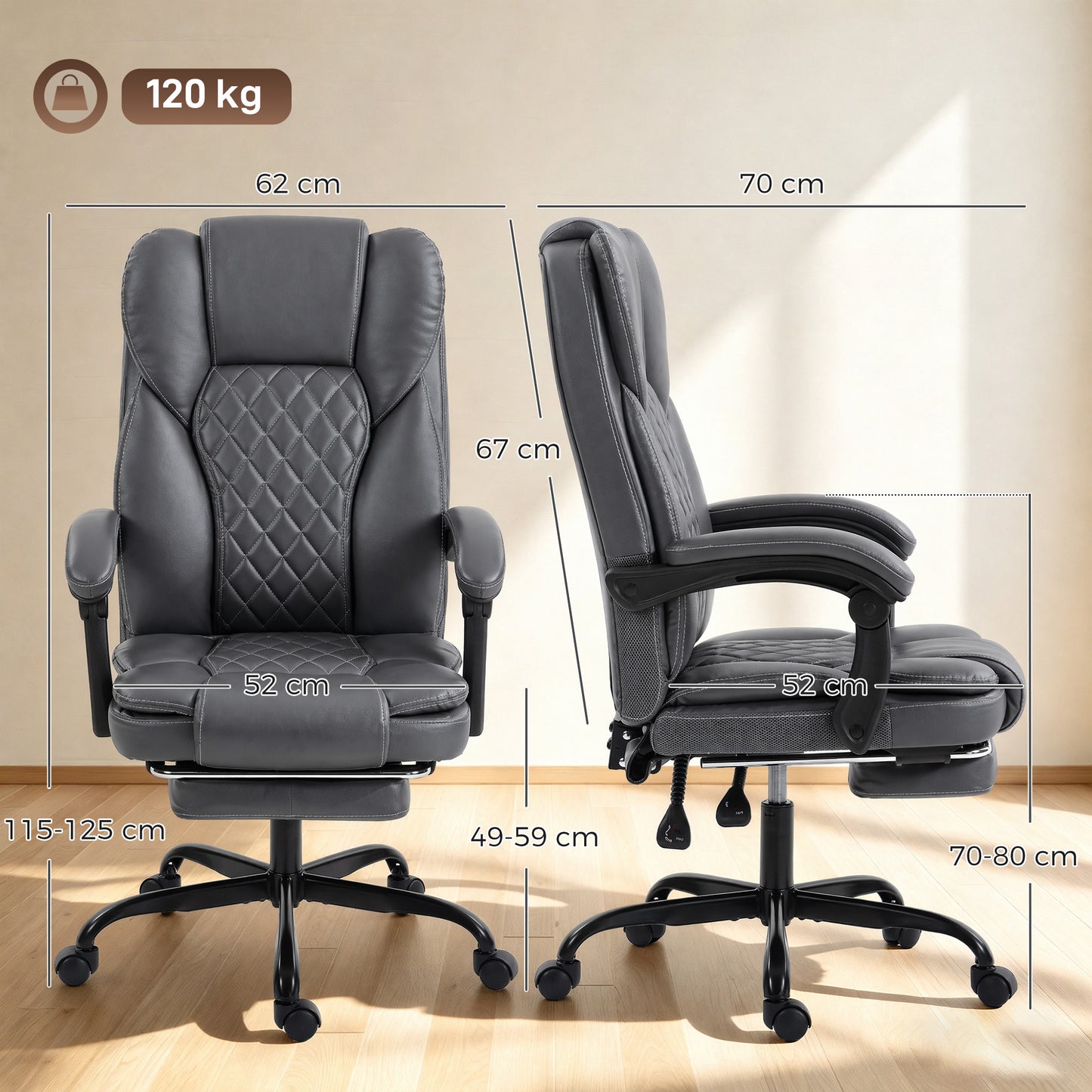 HOMCOM Executive Home Office Chair Reclining Function Footrest Computer Desk Chair High Back, Grey
