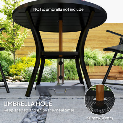 Outsunny black garden table with parasol hole and wire shelf; umbrella pole shown through center