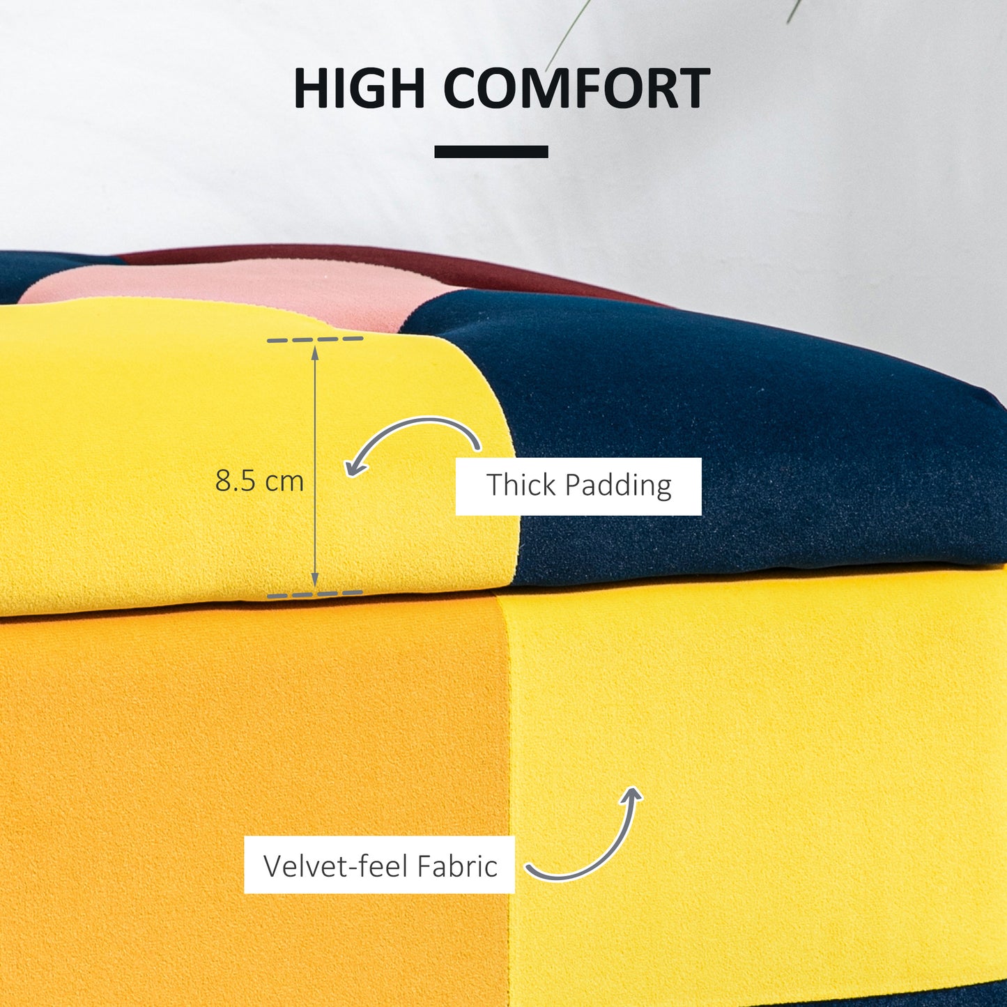 HOMCOM Storage Ottoman, Storage Bench with Wood Legs, Footstool, Footrest with Velvet Surface for Bedroom, Hallway, Living Room, 114 x 47 x 47 cm, Multicoloured