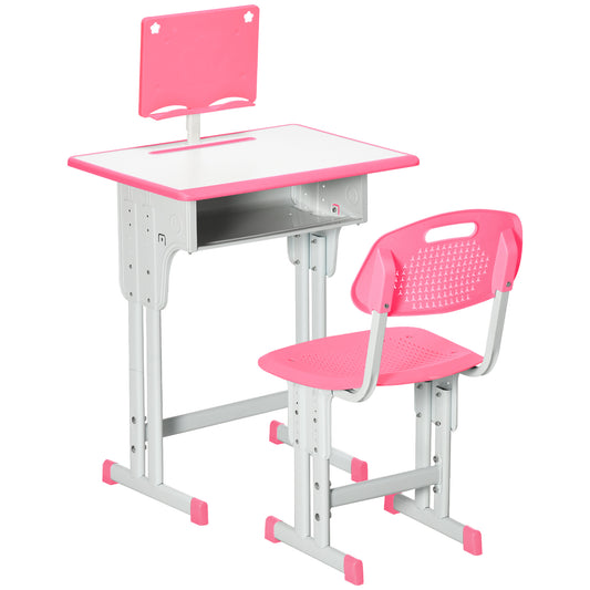 Photo of HOMCOM Kids Adjustable Desk and Chair Set, Book Stand, Pen Slot - Pink in Pink colour on a white background