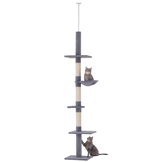 Photo of PawHut Floor to Ceiling Cat Tree 230-260cm Height Adjustable, 5-Tier Cat Tower with Scratching Posts, Hammock, Perches, Climbing Activity Centre for Indoor Kittens Playing and Relaxing, Grey in Grey colour on a white background