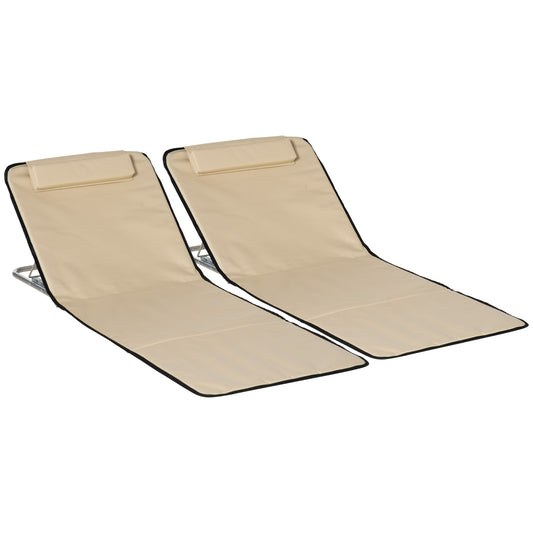 Photo of Outsunny Set of 2 Foldable Garden Beach Chair Mat Lightweight Outdoor Sun Lounger Seats Adjustable Back Metal Frame PE Fabric Head Pillow w/ Carry Bag, Beige in Beige colour on a white background