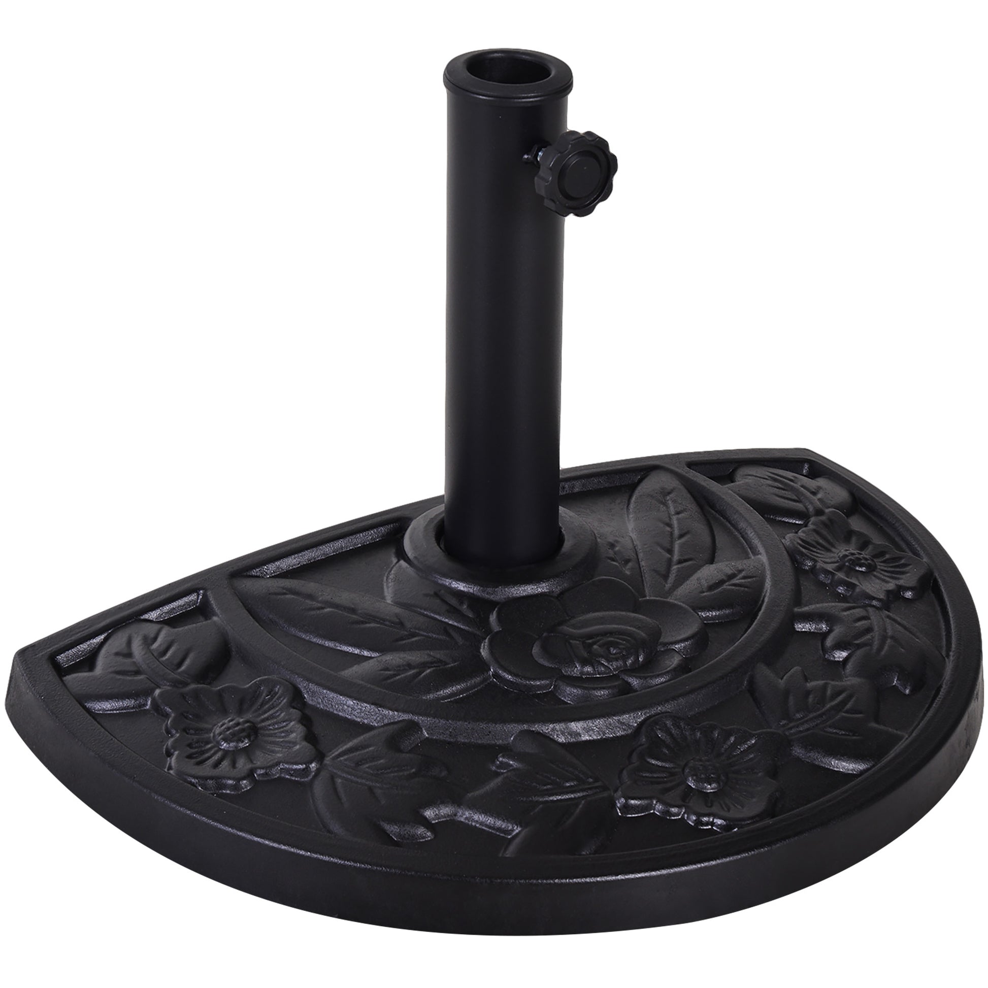 Photo of Outsunny 9kg Resin Parasol Base, Half Round Umbrella Stand with Floral Design for Garden, Outdoor, Suitable Umbrella Rod: Φ3.8cm, Φ4.8cm, Black in Black colour on a white background