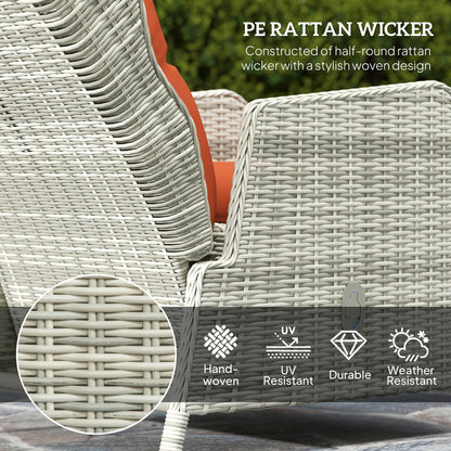 Close-up of woven wicker chair frame with orange cushion