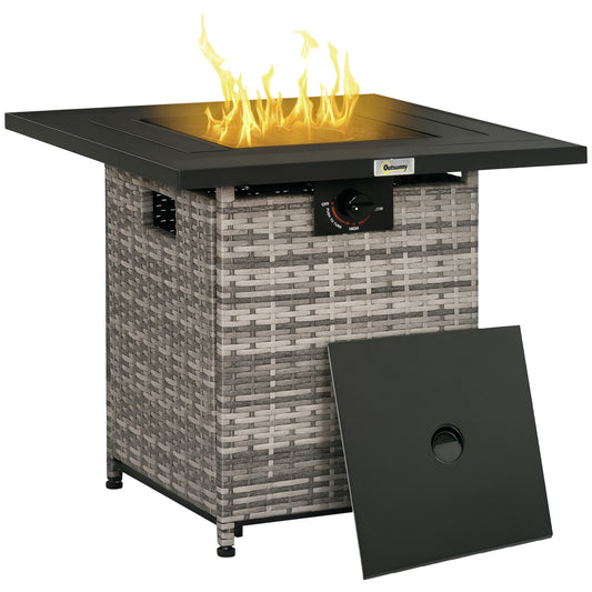Photo of Outsunny Outdoor PE Rattan Gas Fire Pit Table, Patio Square Propane Heater with Rain Cover, Mesh Lid and Lava Stone, 40,000 BTU, Mixed Grey in Grey colour on a white background
