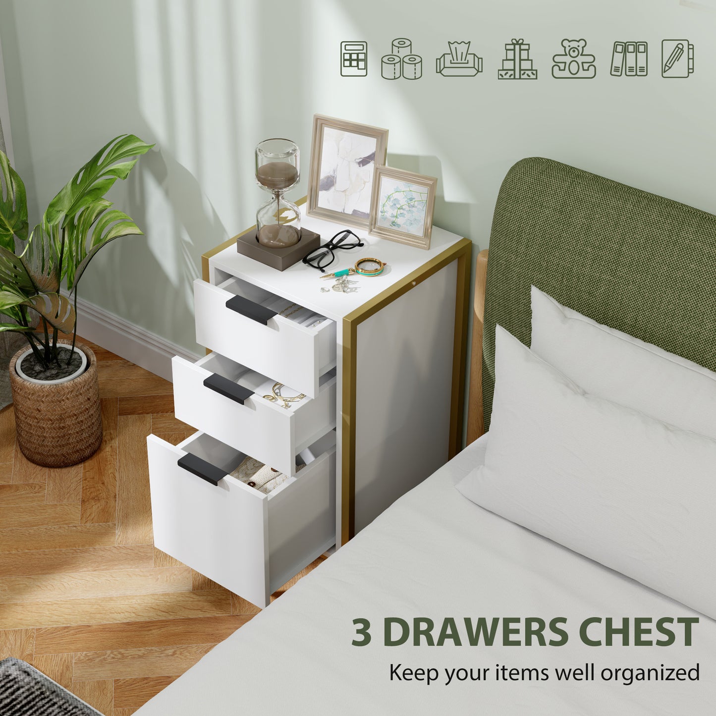 HOMCOM Bedroom Chest of Drawers, Industrial 3-Drawer Dresser, Storage Drawers Unit with Metal Frame for Living Room, White