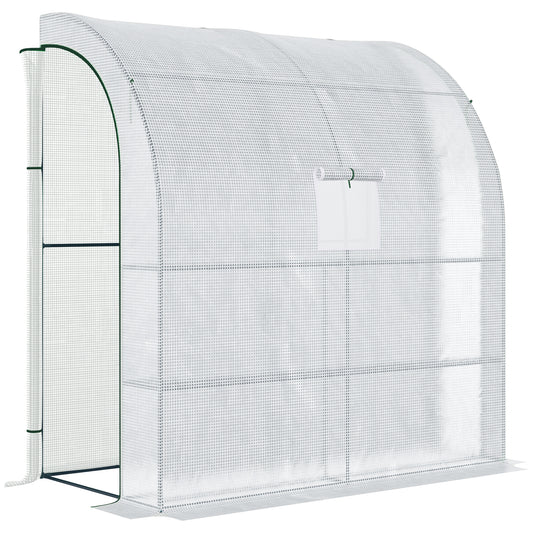 Photo of Outsunny Walk-In Lean to Wall Greenhouse with Windows and Doors, Outdoor Green House with 3 Tiers 4 Wired Shelves, 200L x 100W x 215Hcm, White in White colour on a white background