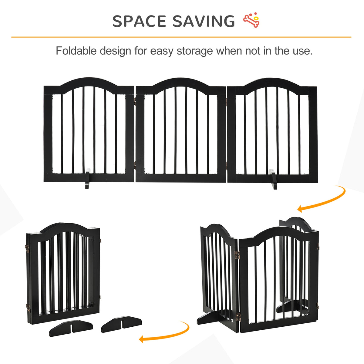 Three-panel black wooden dog gate shown folded and expanded for storage