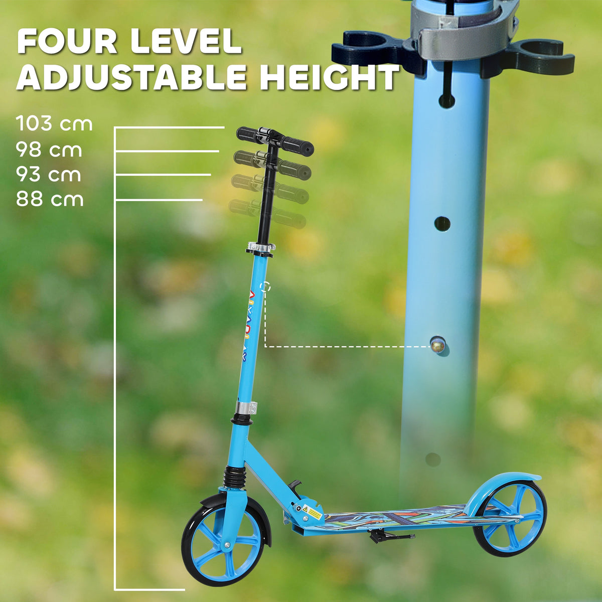Blue kids' scooter with four adjustable handlebar heights from 88 to 103 cm.
