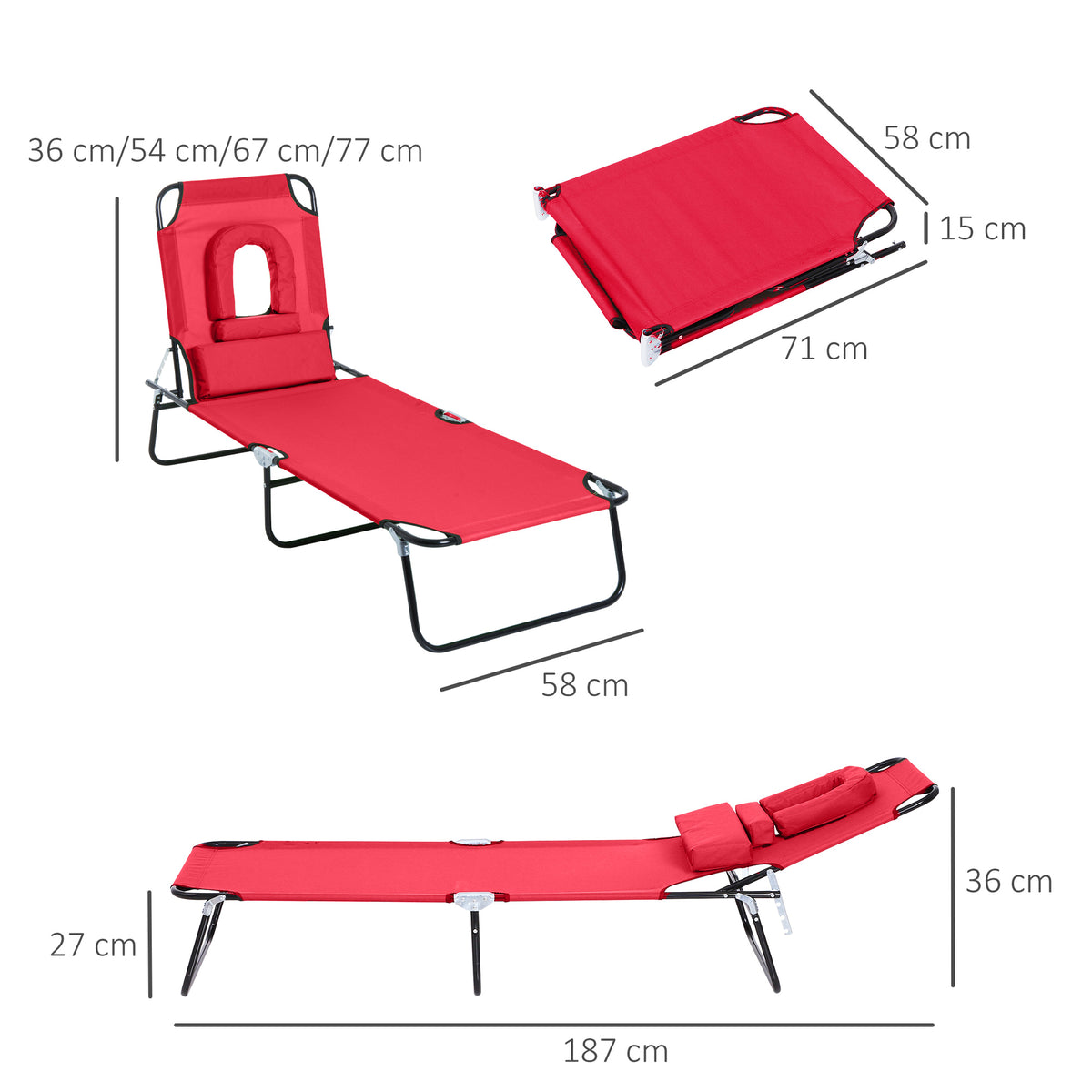 Outsunny Folding Sun Lounger with Face Hole, 4-Position Adjustable Backrest Garden Recliner Chair Sunbed, Outdoor Lounge Chair with 600 D Oxford Cloth Seat, Pillow for Beach, Red
