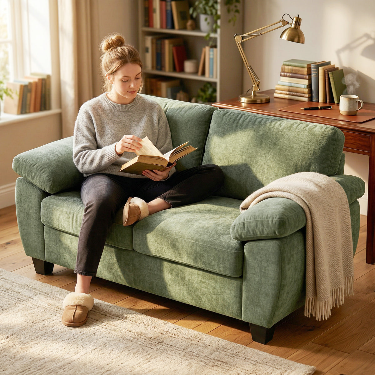 HOMCOM 2 Seater Sofa, 156cm Chenille Loveseat Sofa, Dark Green