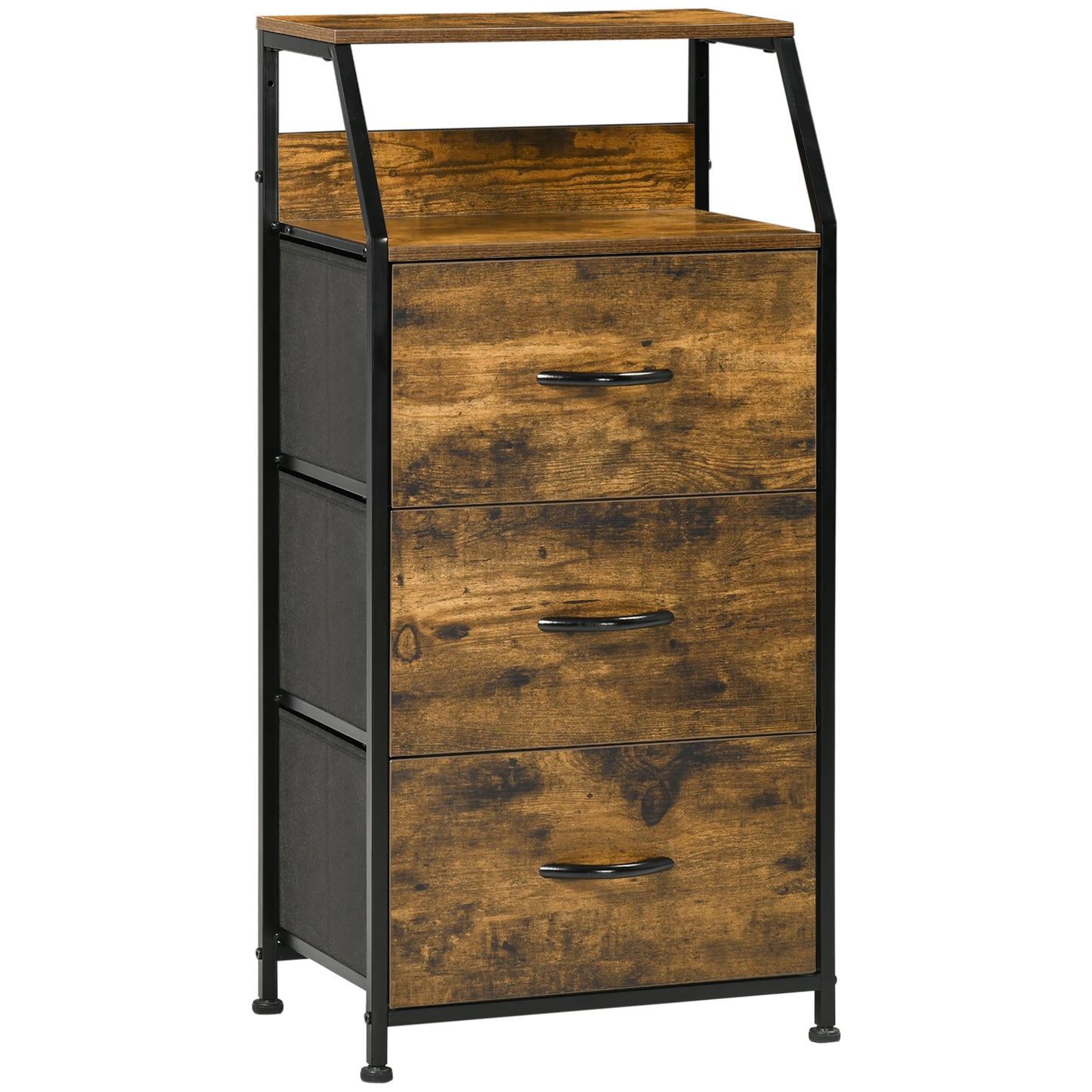 Photo of HOMCOM Industrial Storage Cabinet, Fabric Chest of Drawers with Display Shelves, 3 Drawers Storage Unit for Living Room, Rustic Brown in Brown colour on a white background