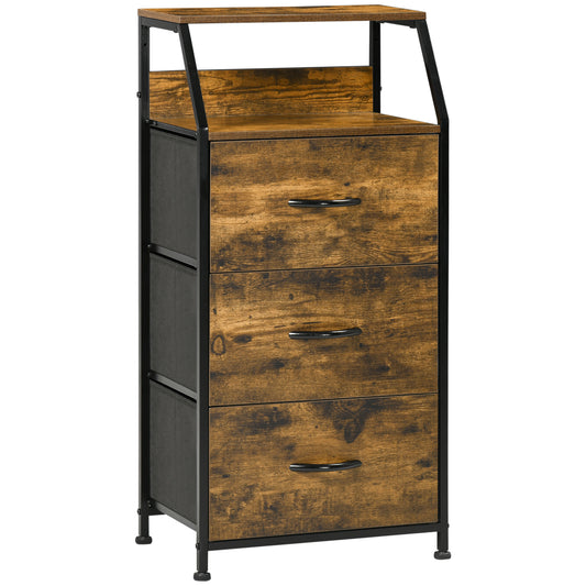 Photo of HOMCOM Industrial Storage Cabinet, Fabric Chest of Drawers with Display Shelves, 3 Drawers Storage Unit for Living Room, Rustic Brown in Brown colour on a white background