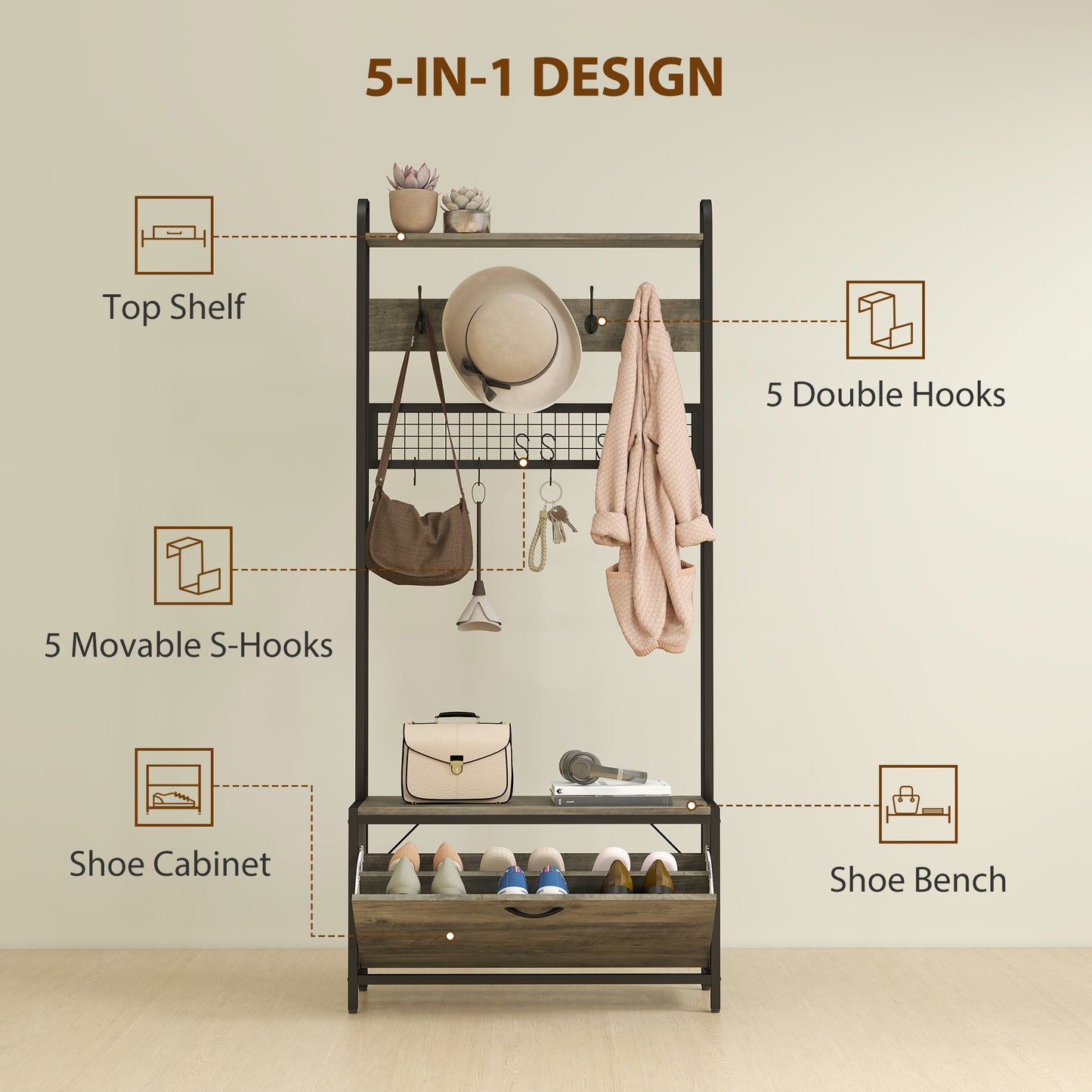 HOMCOM 5-In-1 Industrial-Style Hallway Tree - Grey/Black