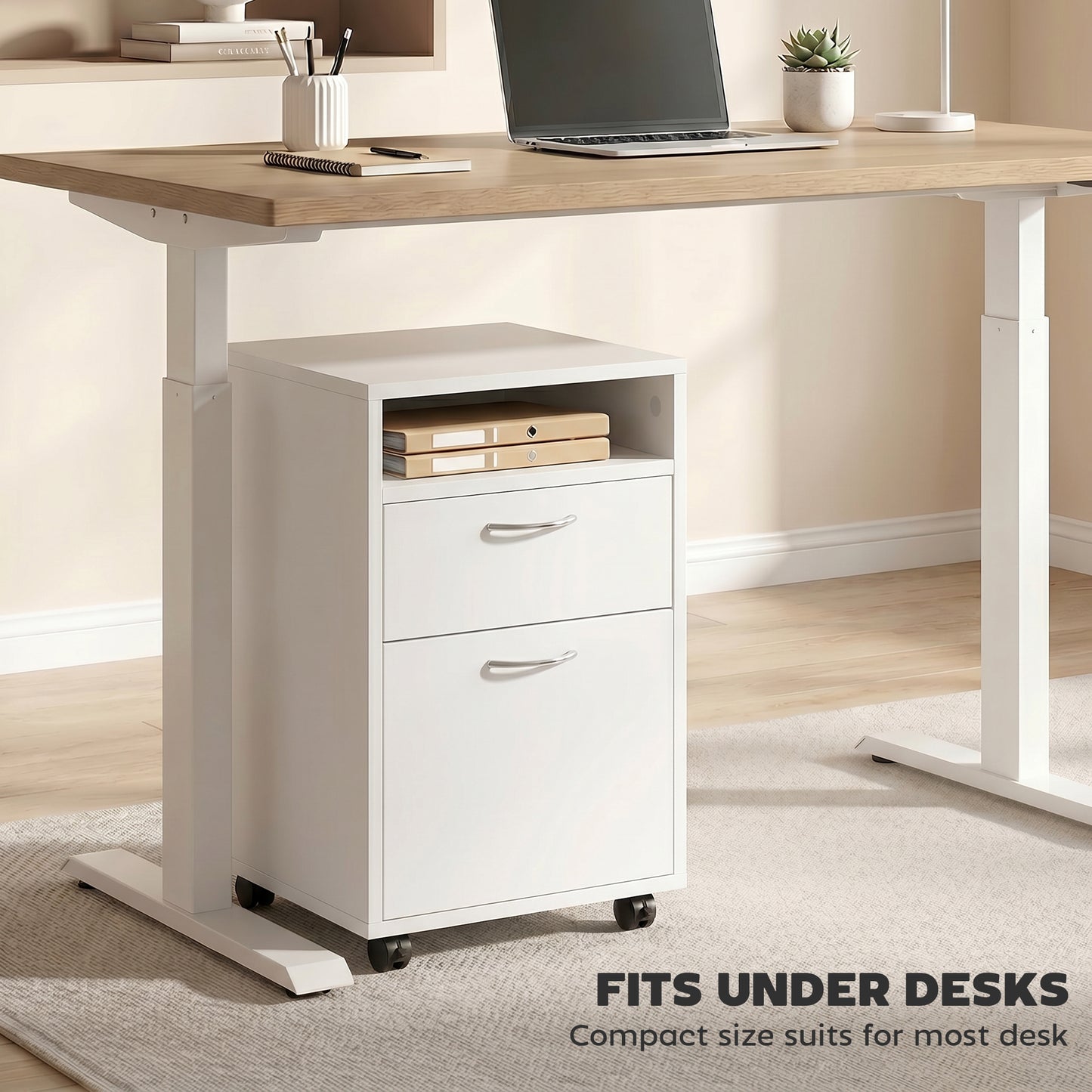HOMCOM Filing Cabinet, Mobile File Cabinet with 2 Lockable Drawers, Office Home Organiser on Wheels for A4, Letter-Size File Folders, Mobile Printer with Open Shelf, White