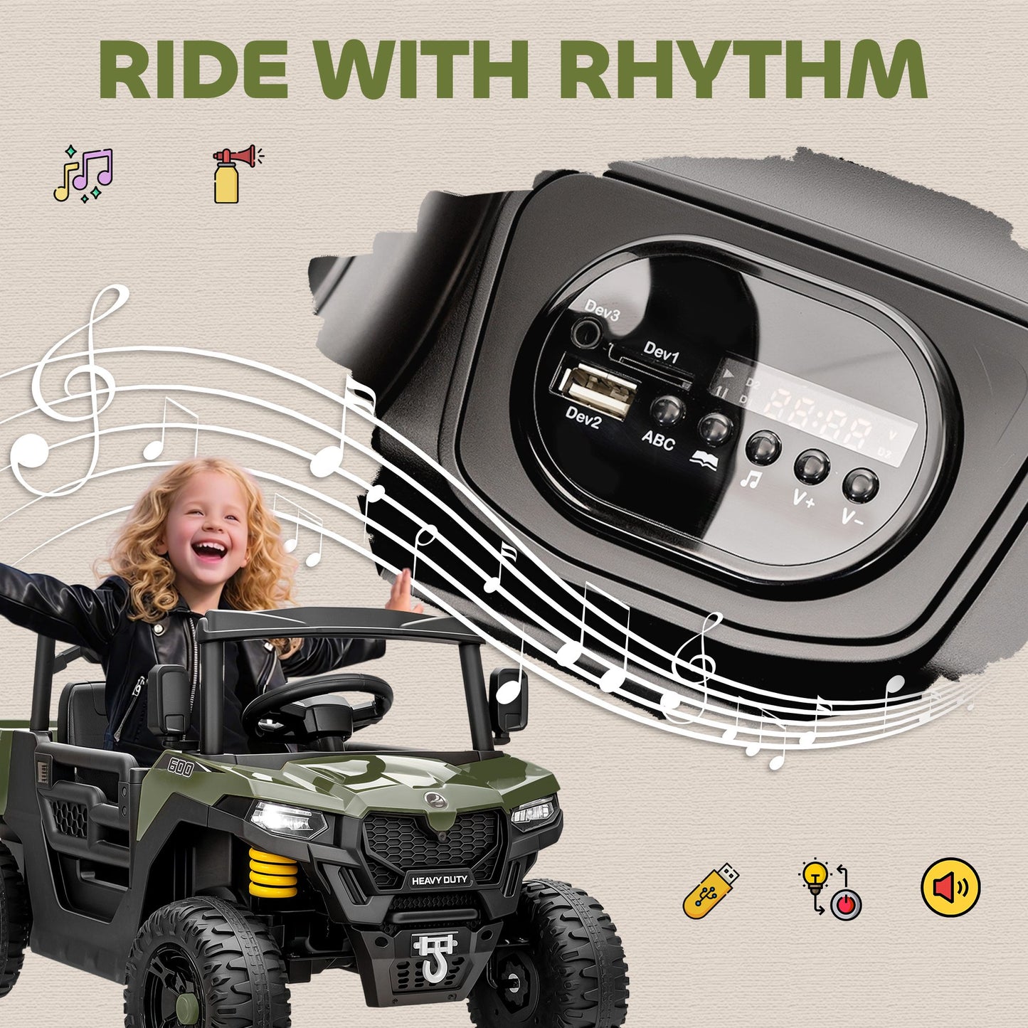 AIYAPLAY Kids Ride on Car, 12V Electric Kids UTV with Electric Dump Bed, 4-Wheel Suspension for 3-8 Years, Green
